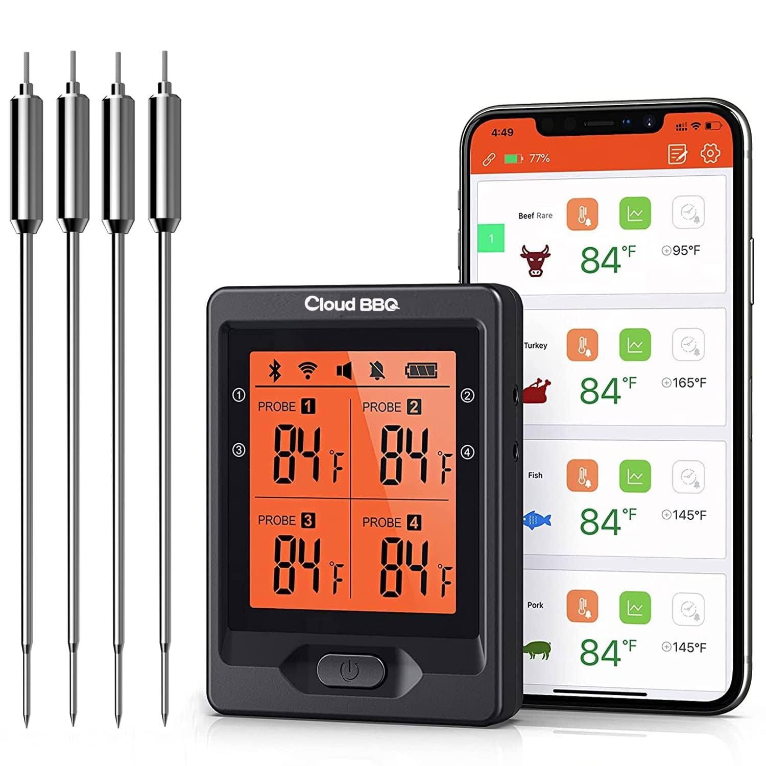 bd63fbde003521005ad817280d1581b88db2597b68bda1216d1e02aa0c3efe9a.jpg Cloud BBQ 500ft Wireless Meat Thermometer, Smart Rechargeable BBQ Thermometer with Four Probes, Bluetooth Meat Thermometer for Somker, Oven,Grilling - Image 1