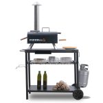 Grill Cart. Pizza Oven Stand. Outdoor bbq Prep Station with Storage. Wheel. Hook. Handle. Black Steel Tabletop. Garbage Bag Holder. Paper Towel Holder. Movable Spice Rack