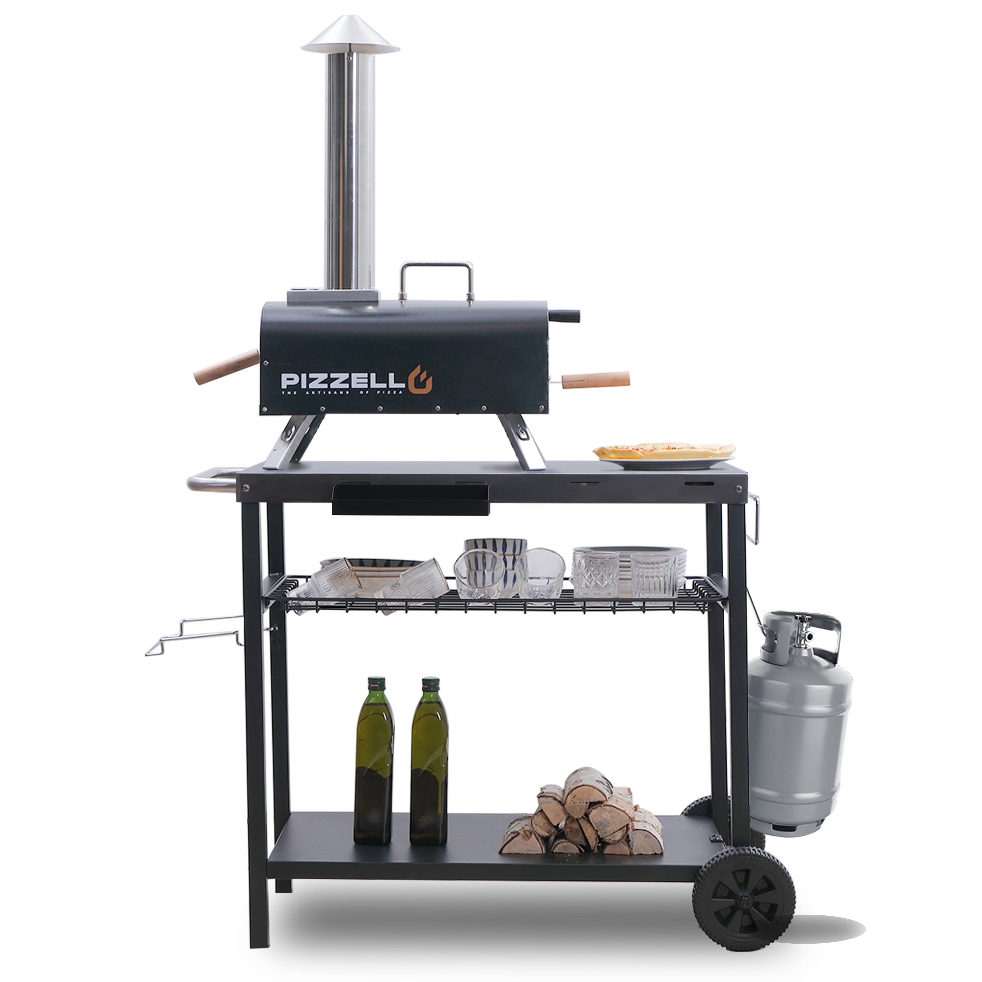 bd68ab06fce74cc9f831f1c2ffe3877b50b2694219fa8a969c8bbd6d52f7fc36.jpg Grill Cart. Pizza Oven Stand. Outdoor bbq Prep Station with Storage. Wheel. Hook. Handle. Black Steel Tabletop. Garbage Bag Holder. Paper Towel Holder. Movable Spice Rack - Image 1