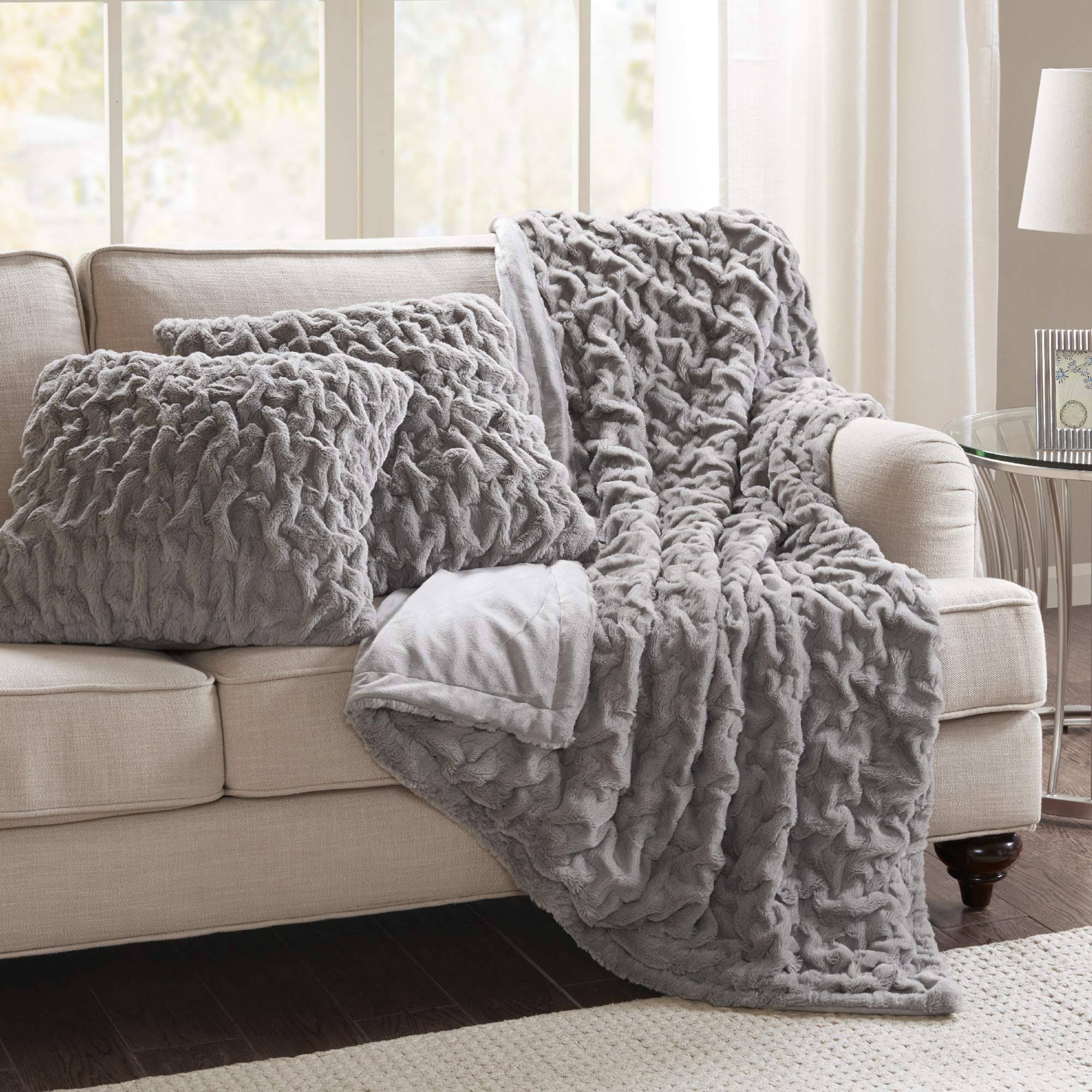 bd75bb74e31a3dc1fb7aeb0ba9c6c3bfc4f4c7daf700a3271095f1ae42fcd484.jpg Comfort Spaces Ruched Faux Fur Plush 3 Piece Throw Blanket Set Ultra Soft Fluffy with 2 Square Pillow Covers, 50"x60", Grey - Image 1