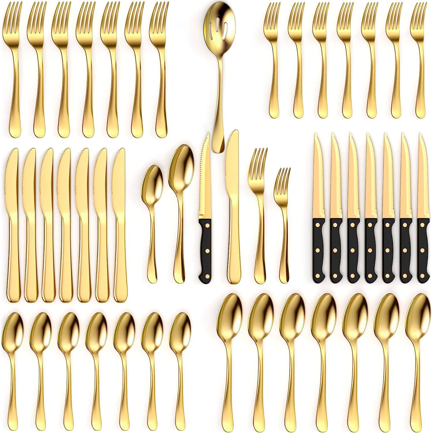 bdd4141177514ca883f98634f7be8fc834859ca7e5b2a4d8f34c4cdfe25aec56.jpg Tribal Cooking 49 Piece Gold Silverware Set - Service for 8 - Stainless Steel Gold Flatware Serving Set - Cutlery Set - Knives, Fork, and Spoon - - Image 1