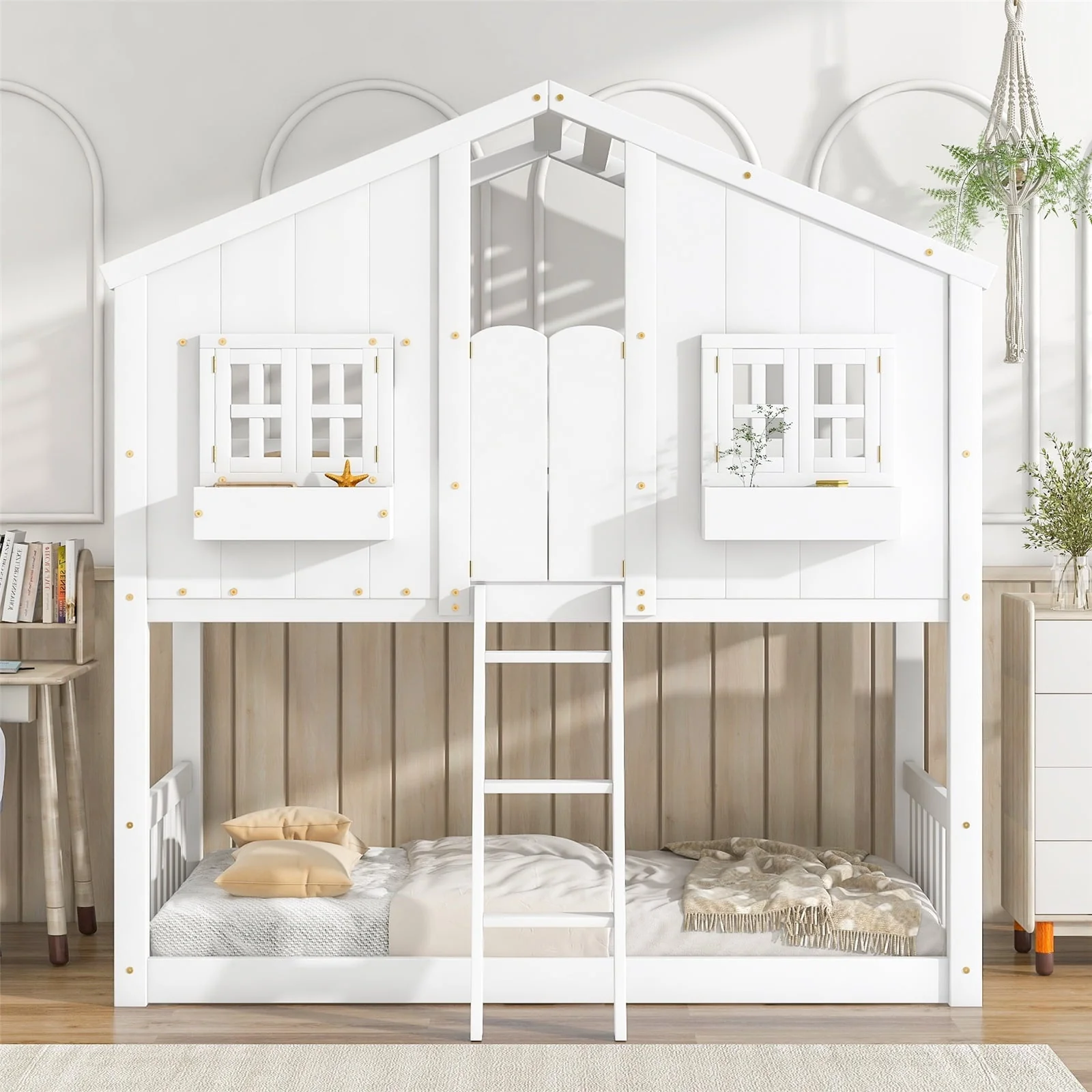 bdf2f2c6b2737c86713e23b949dc142f3b7d002e9eeb479e21a1616f1174e69b.webp Twin Over Twin House Bunk Bed with Roof/Window/Window Box/Door Designs, Wooden Floor Bunk Bed Frame with Safety Guardrails and Ladder for Kids Boys Girls, White - Image 1