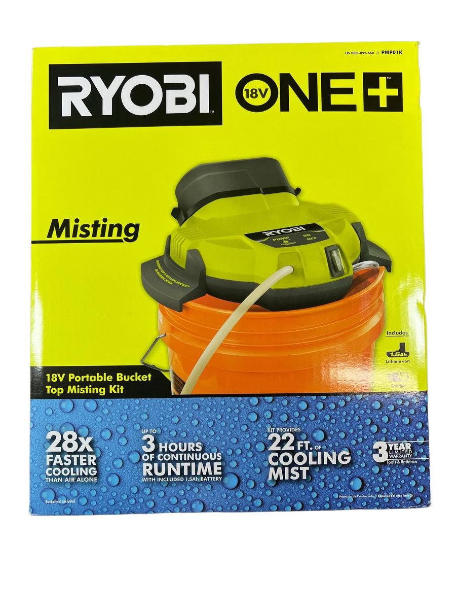 be82e95af7c68e576148f02318036ffc416bf2f9d0281c71139449adfd79424f.jpg Ryobi 18V Portable Bucket Top Misting Kit with 1.5 Ah Battery and 18V Charger - Image 1