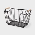 Metal Stackable Wire Pantry Basket with Rubber Wood Handle Black - Brightroom