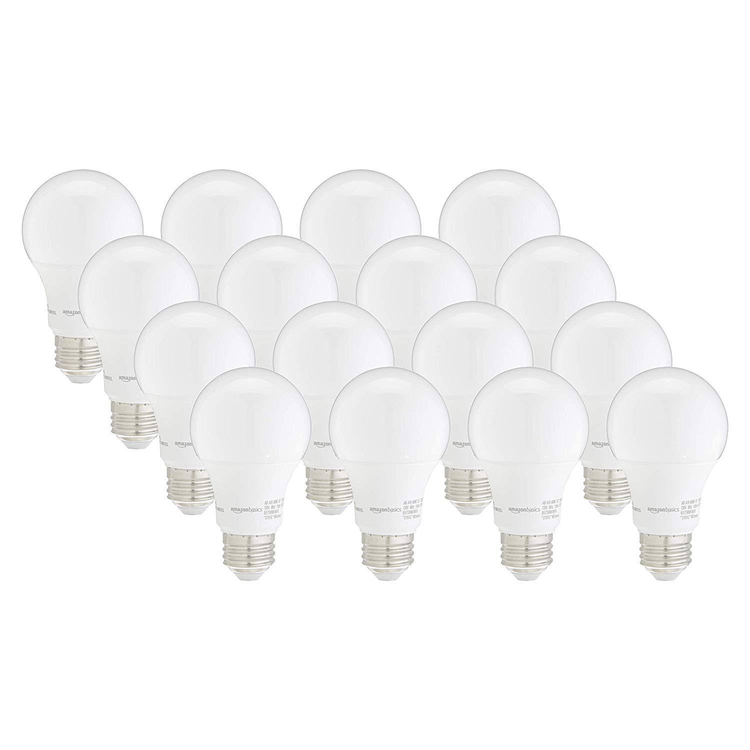 be9fe07019805055d0074ec25b198bcb5d37e863c42c89c5f1537045f5e983fb.jpg Amazon Basics 60W Equivalent, Soft White, Dimmable, 10,000 Hour Lifetime, A19 LED Light Bulb | 16-Pack - Image 1