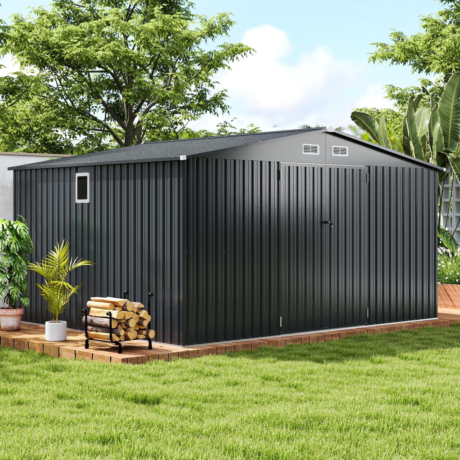 bedec39e54f4dfa2480c9f262a2fe788a8ee9eae2ee5437f815ac472097be08f.jpg 12 x 9.8 FT All-Weather Outdoor Storage Shed, Rustproof Galvanized Metal Utility Tool Shed w/Lockable Door, Pitched Roof, Windows - Image 1