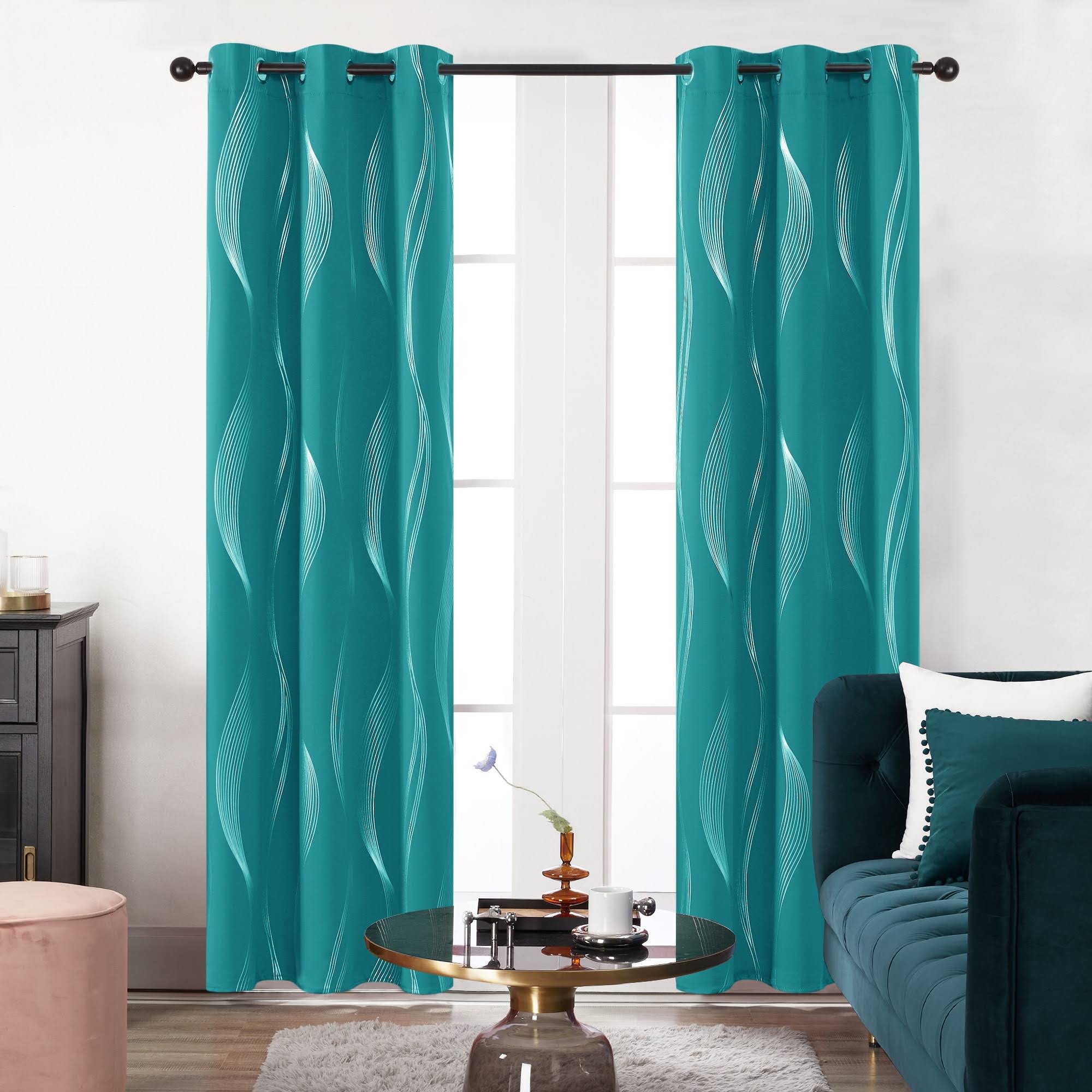 bee06d233728bcc419a329a5a7925bddf6a67d80c665feb015136904fb91d226.jpg Deconovo Turquoise Blackout Curtains, Thermal Insulated Striped Foil Print Room Darkening Grommet Curtains for Bedroom, 2 Panels - Image 1