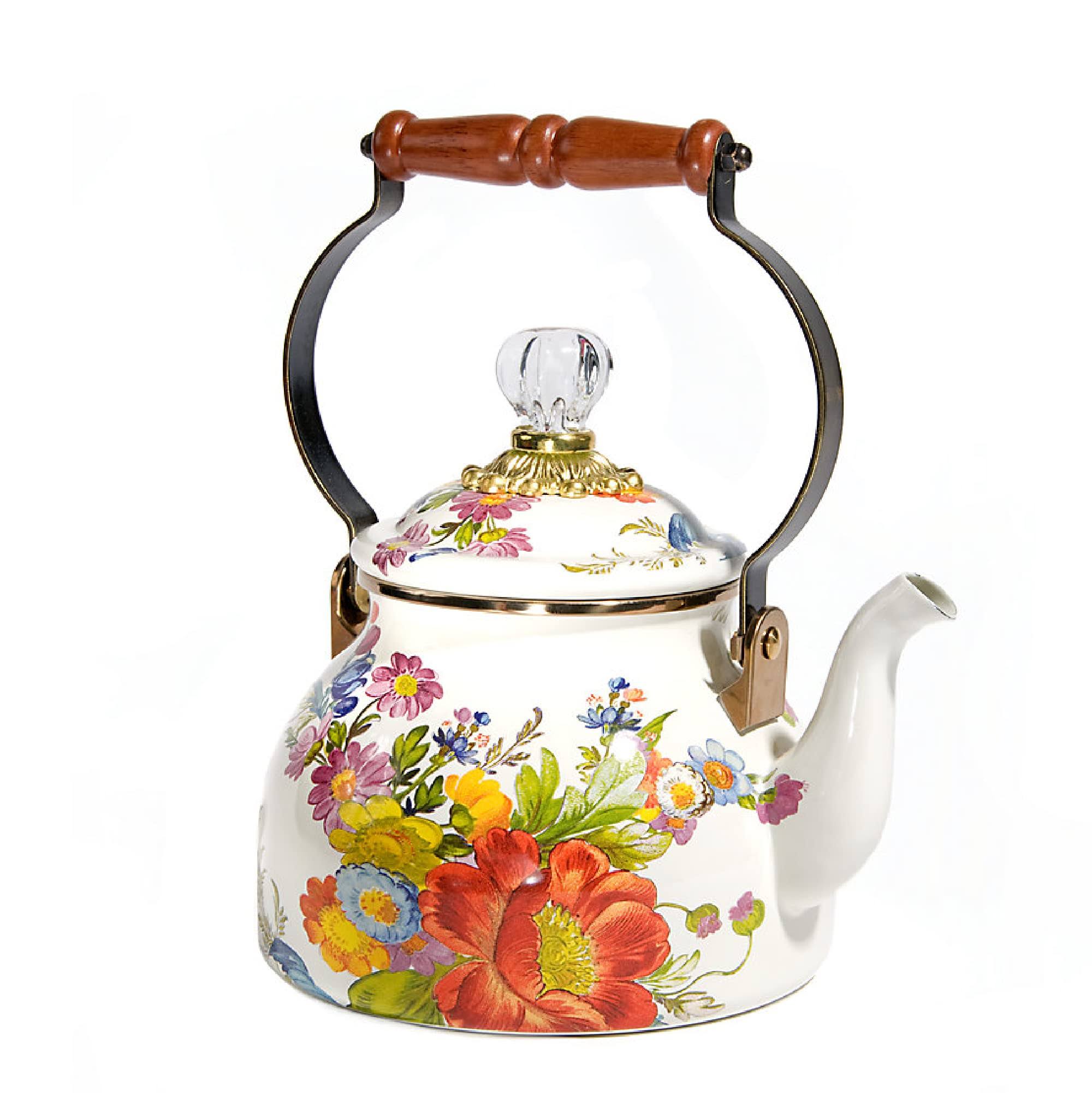 bef8f8bfb2cca64cabef10923b7891675118bd5803ac768f359bc911afad7e40.jpg MacKenzie-Childs Flower Market 2 Quart Tea Kettle - White - Image 1