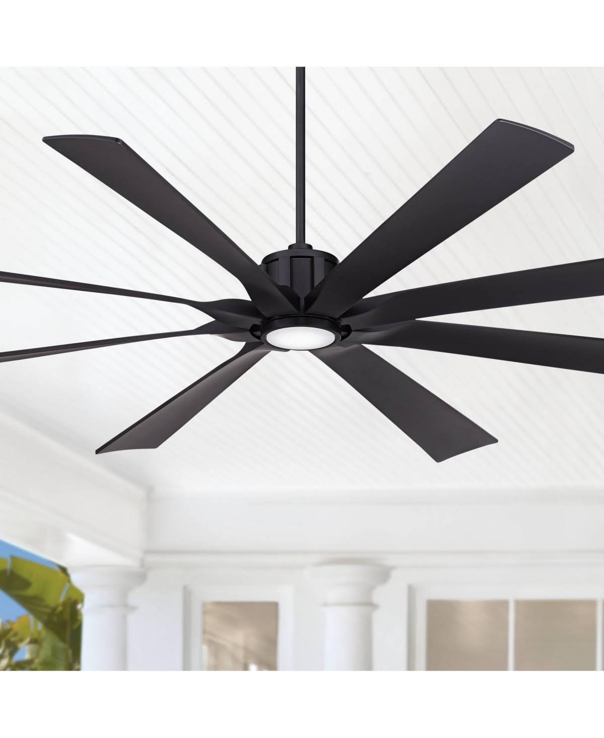 bf57e7701c4dd0ad7649f61dda2ebf00caf3cdc8396d2a4fbe095ab7c723eb83.jpg Possini Euro Design 80" Defender Modern Industrial Outdoor Ceiling Fan with Dimmable LED Light Remote Control Matte Black Damp Rated for Patio - Image 1