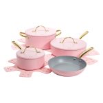 Paris Hilton Iconic Nonstick Pots and Pans Set, Multi-Layer Nonstick Coating, Matching Lids with Gold Handles, Made Without PFOA, Dishwasher Safe