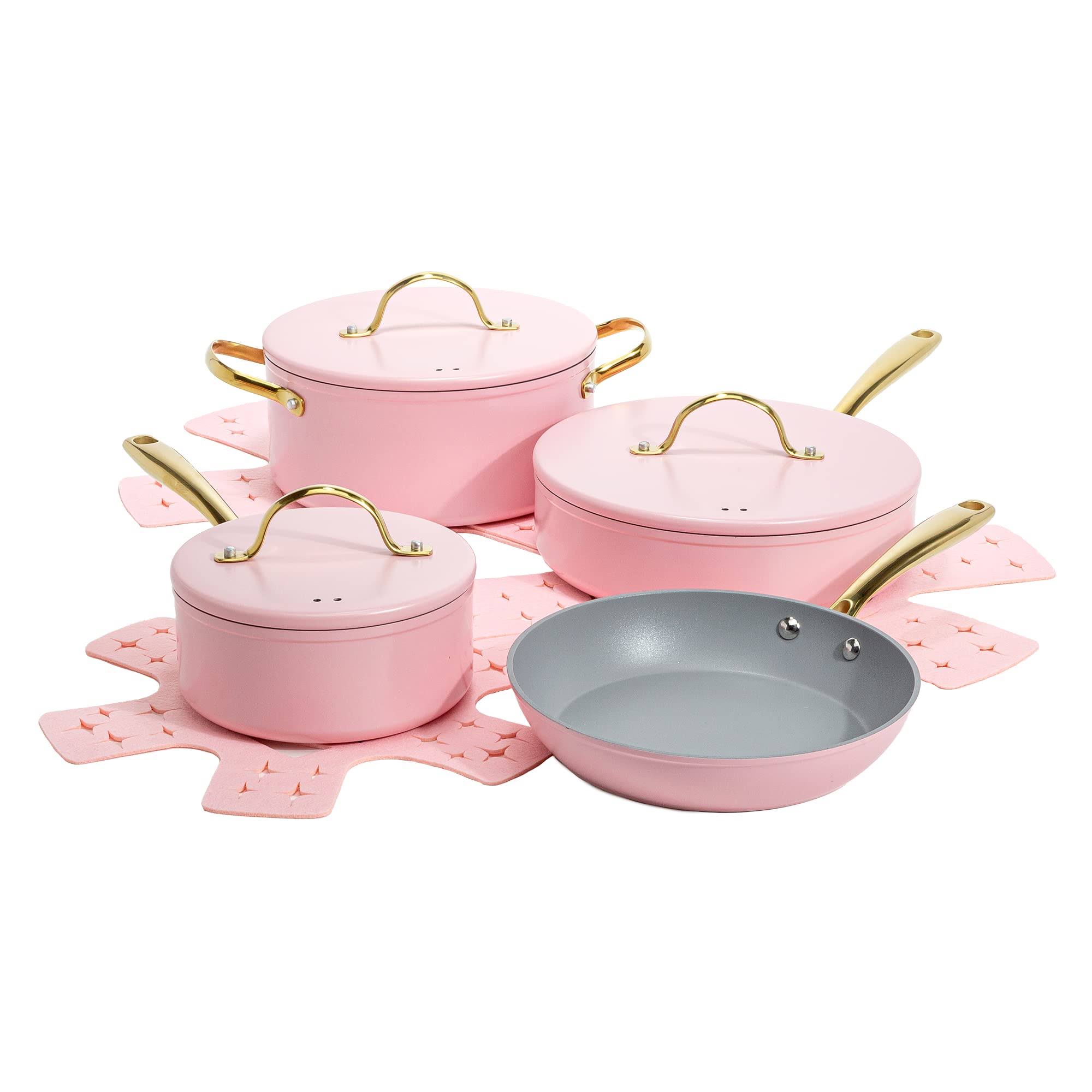 bf6b622141a5c10cb99d23a99a17d57ed132f27db388d4186f7aa262a7b5f0e4.jpg Paris Hilton Iconic Nonstick Pots and Pans Set, Multi-Layer Nonstick Coating, Matching Lids with Gold Handles, Made Without PFOA, Dishwasher Safe - Image 1