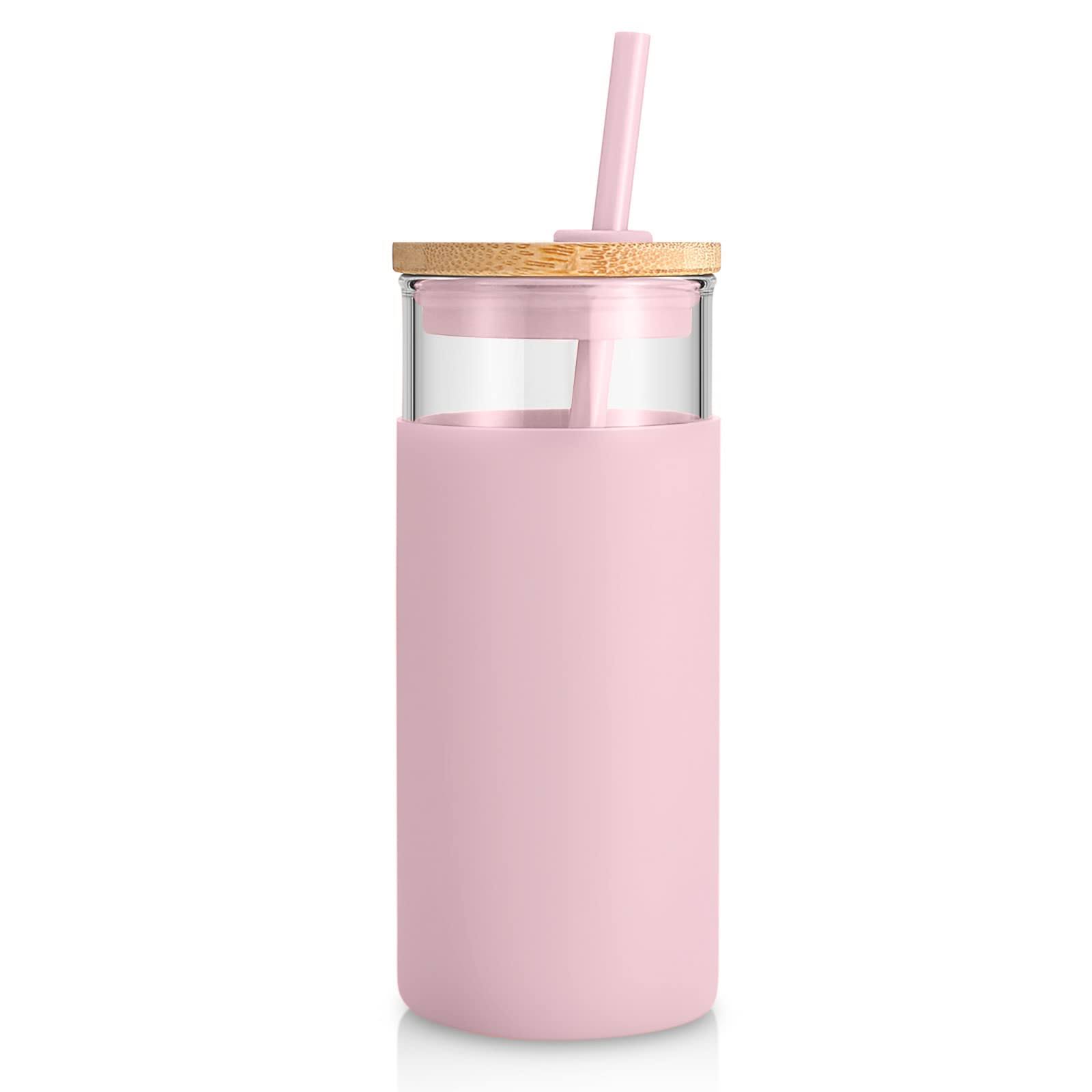 bf70d48b924ebea0ca5bf1adee5e30fe36ad635251749c55f31a81c4be802760.jpg Tronco 20oz Glass Tumbler Glass Water Bottle Straw Silicone Protective Sleeve Bamboo Lid - BPA Free (Pink/ 1 Pack) - Image 1