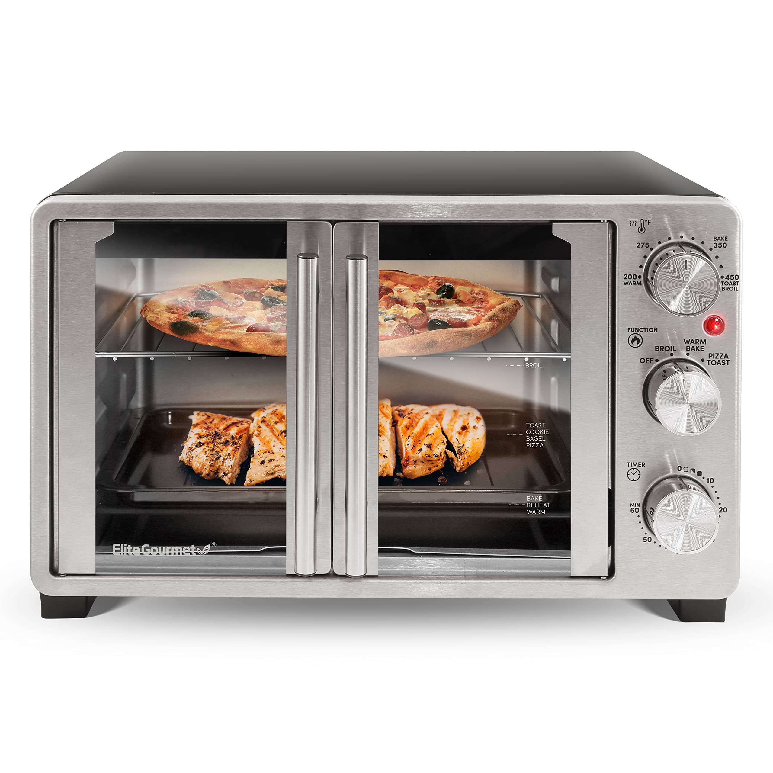 bf72da956586e75d2049f6a15748217003d1982d5738a42c731990db80730fbc.jpg Elite Gourmet ETO2530M New Double French Door Toaster Oven Fits 12 inch Pizza, Stainless Steel - Image 1