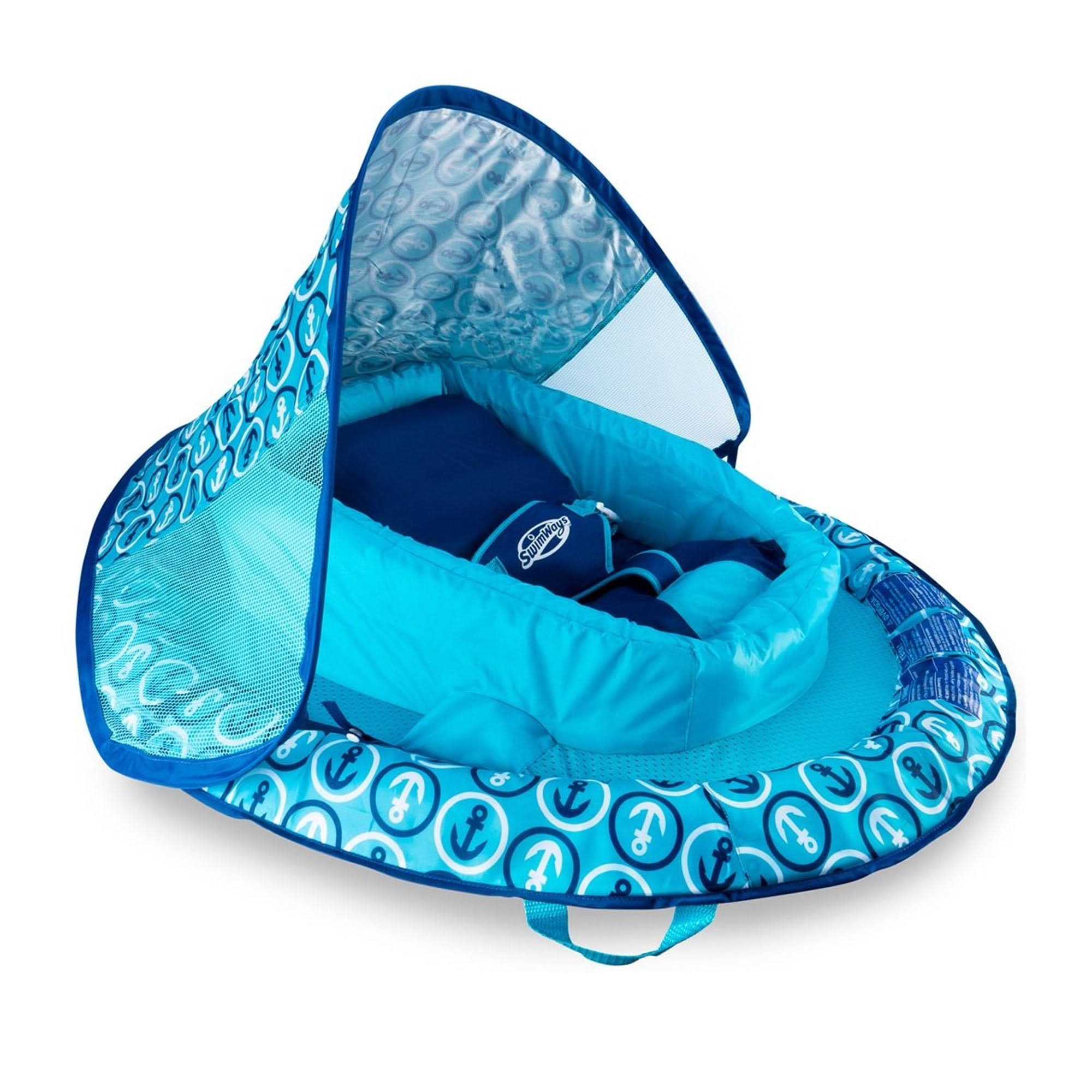 bf88f6fcf23783819ac8118c4b4930be4ee915119feac9e2017b7dbb5c851b5d.jpg Swimways Infant Baby Spring Float with Adjustable Sun Canopy - Blue Anchor - Image 1