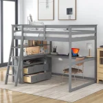 Euroco Full Size Wood Loft Bed with Desk, Shelves and Cabinets for Kids Room, Incline Ladder and 3 Drawers, Gray