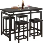 5 Piece Bar Table Set, Kitchen Counter Height Table with 4 Stools, Space Saving Pub Table Set for 4 Person with Metal Frame, Wood Dining Table & Chair Set for Breakfast Nook Pub Bistro, B945
