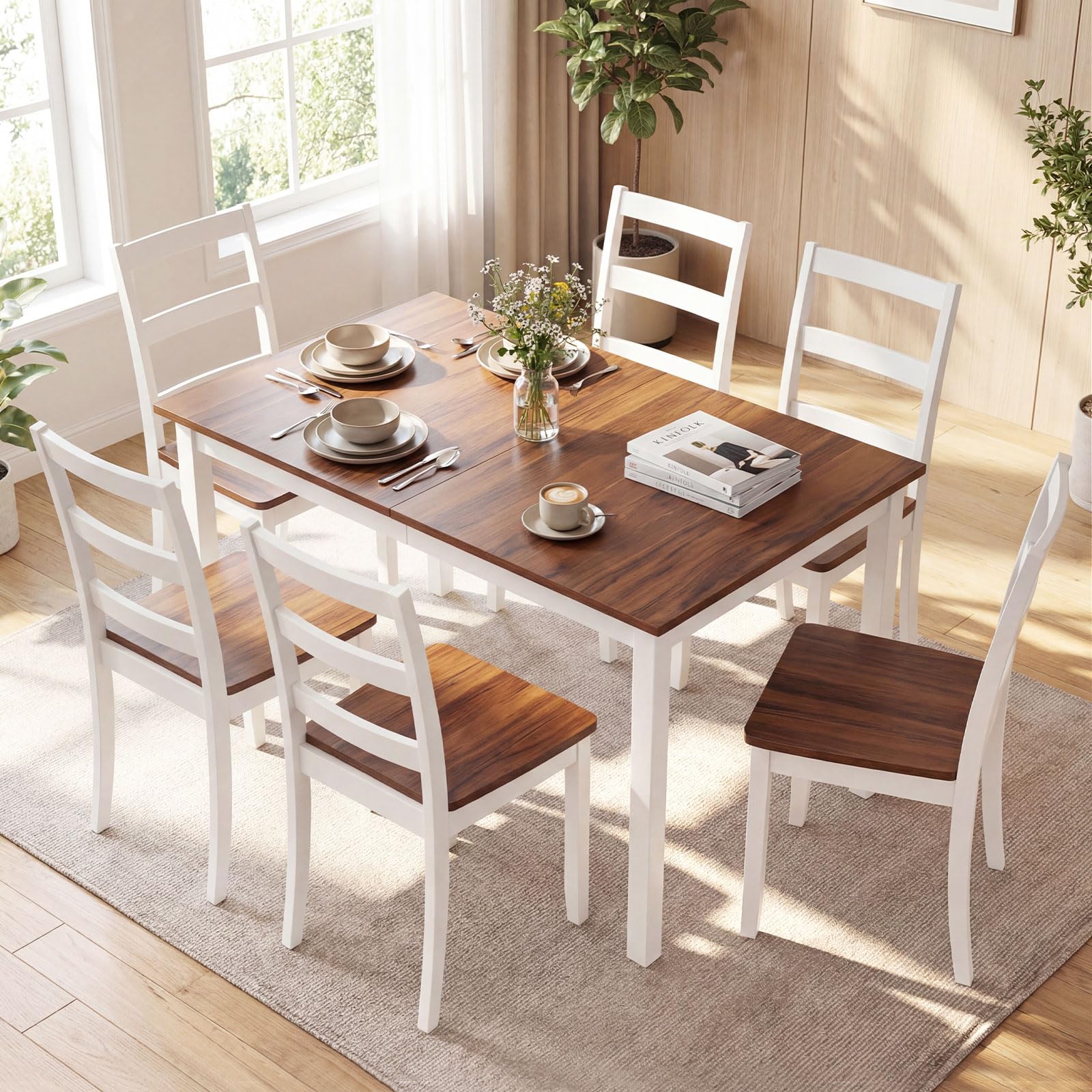 c0433eed9901617c8fbba0f91e4a70c260f9df4c2400271fb46469d038501f78.jpg Tangkula Solid Wood Dining Table Set for 6 w/Rubber Wood Legs - Image 1