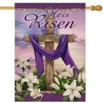 Dyrenson He Is Risen Easter Wooden Cross Lily Flower Decorative Garden Flag, Faith Hope Religious House Yard Outside Decorations, Spring Purple