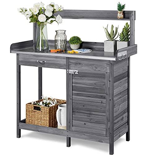 c0824f9751ab9d6c3f904cff8684f934d0bcd3ec5d860010860a7c1f19e2c092.jpg Topeakmart Outdoor Potting Bench Table Work Station Garden Planting with Cabinet & Drawer & Top Shelf & Lower Shelf Natural Wood - Image 1