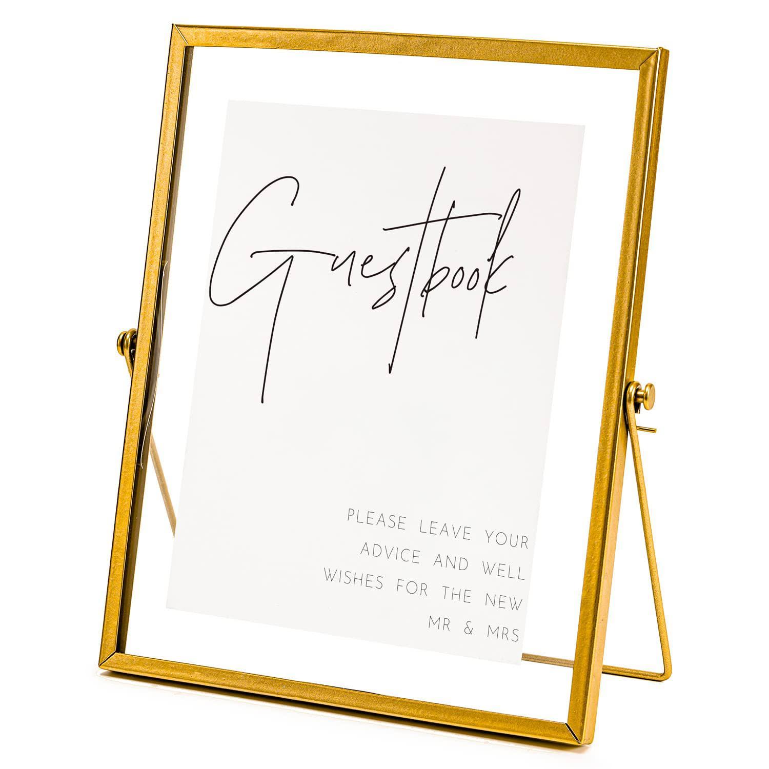c08f96af86313b79610547eb32a8f8b2620e2dae10492b09daa0593e4bad13b6.jpg Calculs Gold Floating Picture Frames Sign Holder Guestbook Alternative, Metal Glass Photo Display Stand Menu Holder 8x10inche - Image 1
