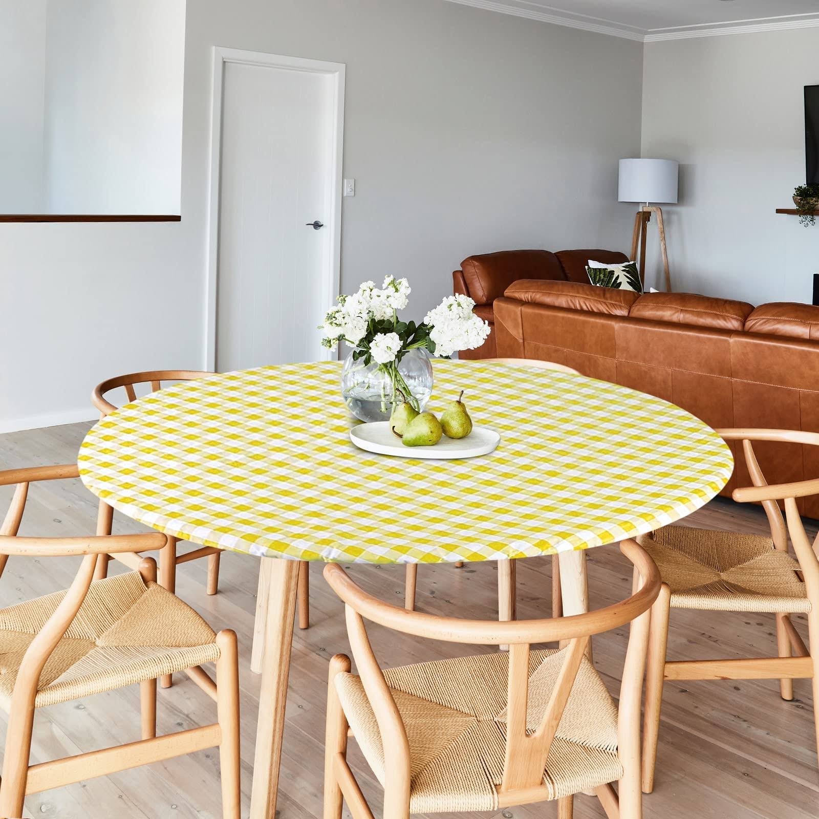 c106c9cac654ac6b7acfdd8e29786ae985d8fb34ec00ac63dec20f533ddc38d5.jpg Sorfey Round Tablecloth -Fitted with Elastic, Vinyl with Flannel Back, Fits for Table 60 Inches Round,Water Proof, Easy to Clean, Checked Yellow - Image 1