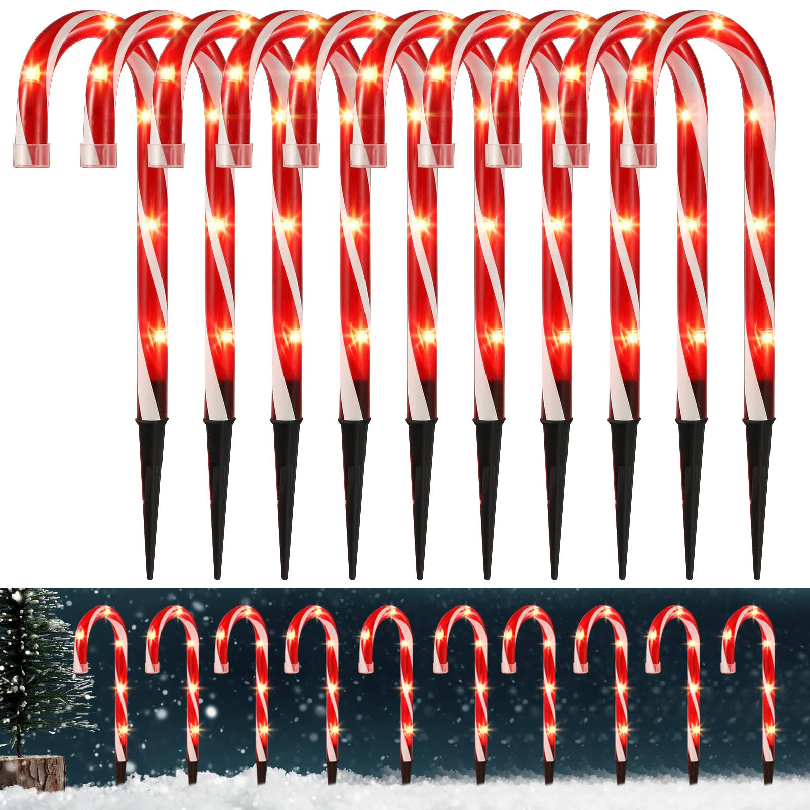 c10e55098f0548ca2a1c48aa87106adc047329e341895cb82c83ae7affe40537.jpg Christmas Candy Cane Pathway Markers Lights, Candy Canes Lights Outdoor, 10 inch Set of 10 Pack Christmas Candy Cane Lights Decorations Yard Candy - Image 1