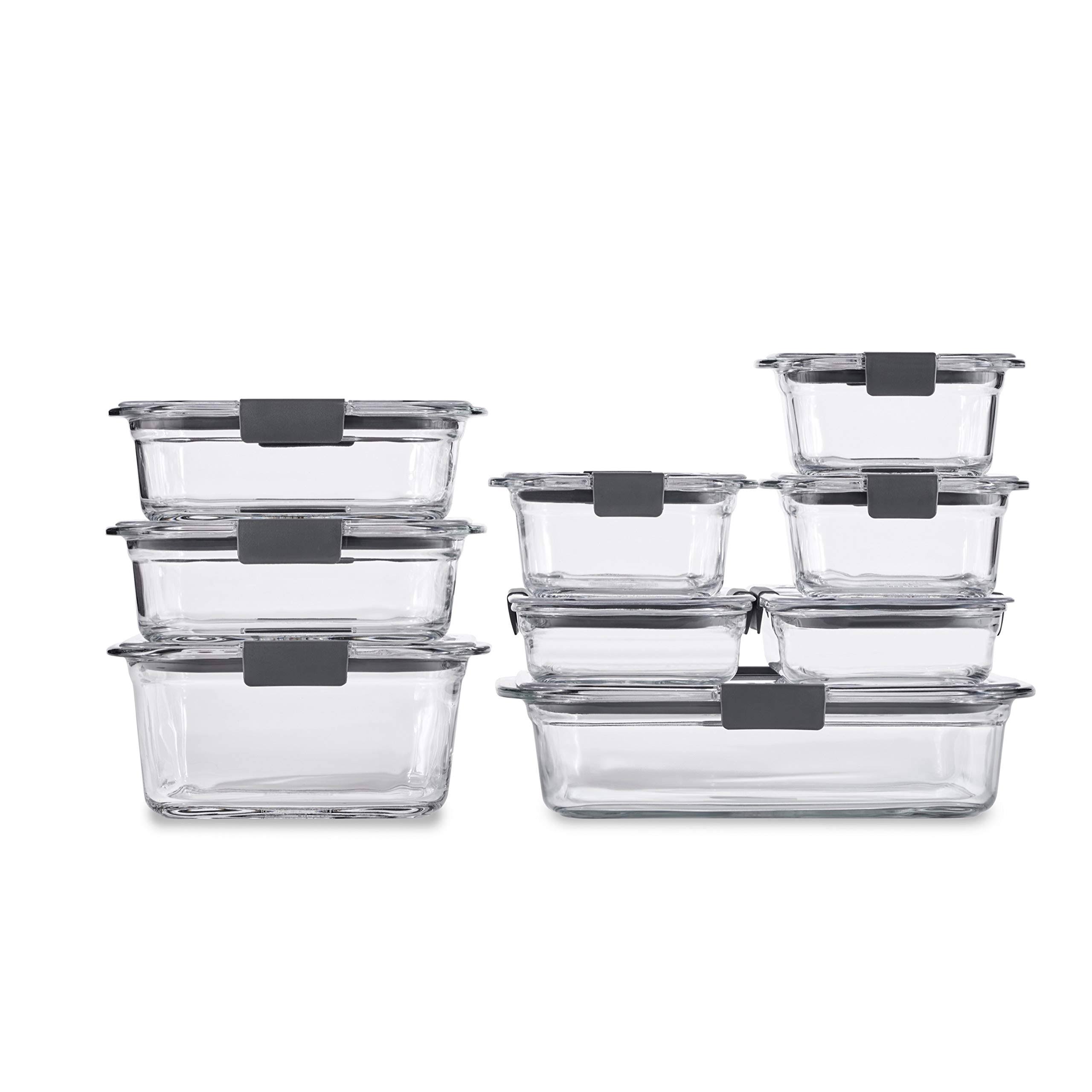 c139399d901aa1c5e1481fabce0af444bdbde592e0ec9d17a5176512053f3af4.jpg Rubbermaid Brilliance Glass Storage Set of 9 Food Containers with Lids (18 Pieces Total), Set, Assorted, Clear - Image 1