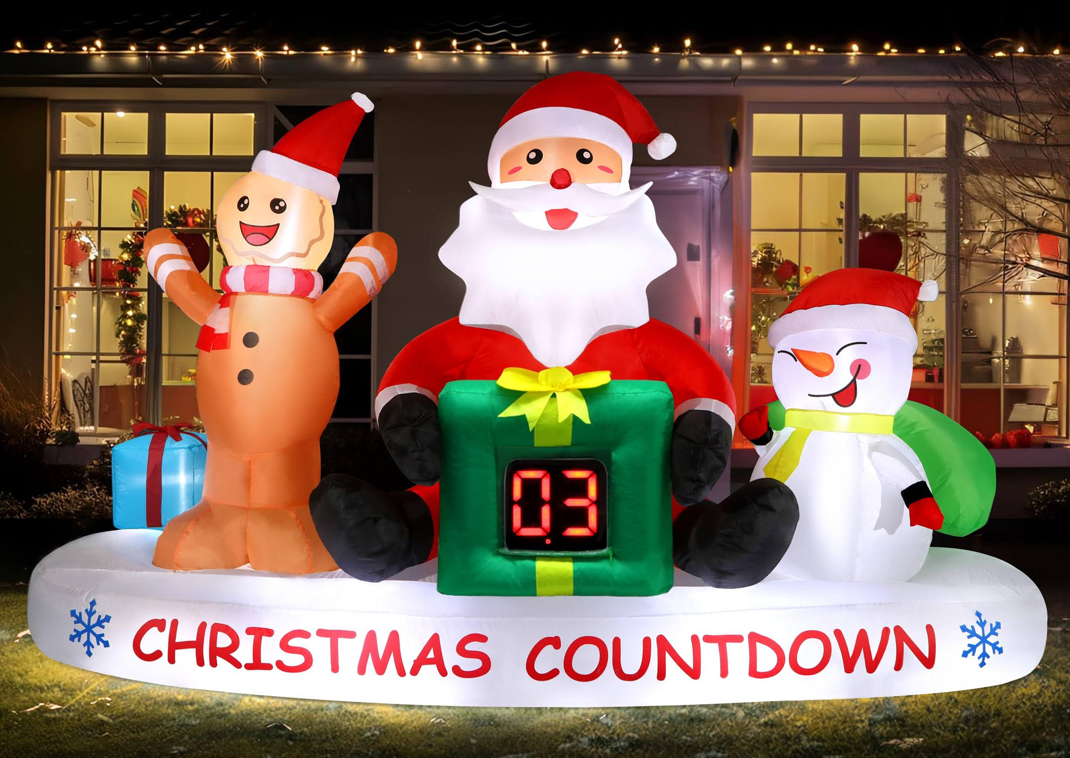 c14cbec75ad78796b8da5fadc8baa821506d64da14bb084573609030d25826a7.jpg Alupssuc 8 ft Christmas Inflatable Outdoor Decorations with LED Christmas Countdown Clock, Snowman Santa and Gingerbread Man, Lighted Blow Up Lawn - Image 1