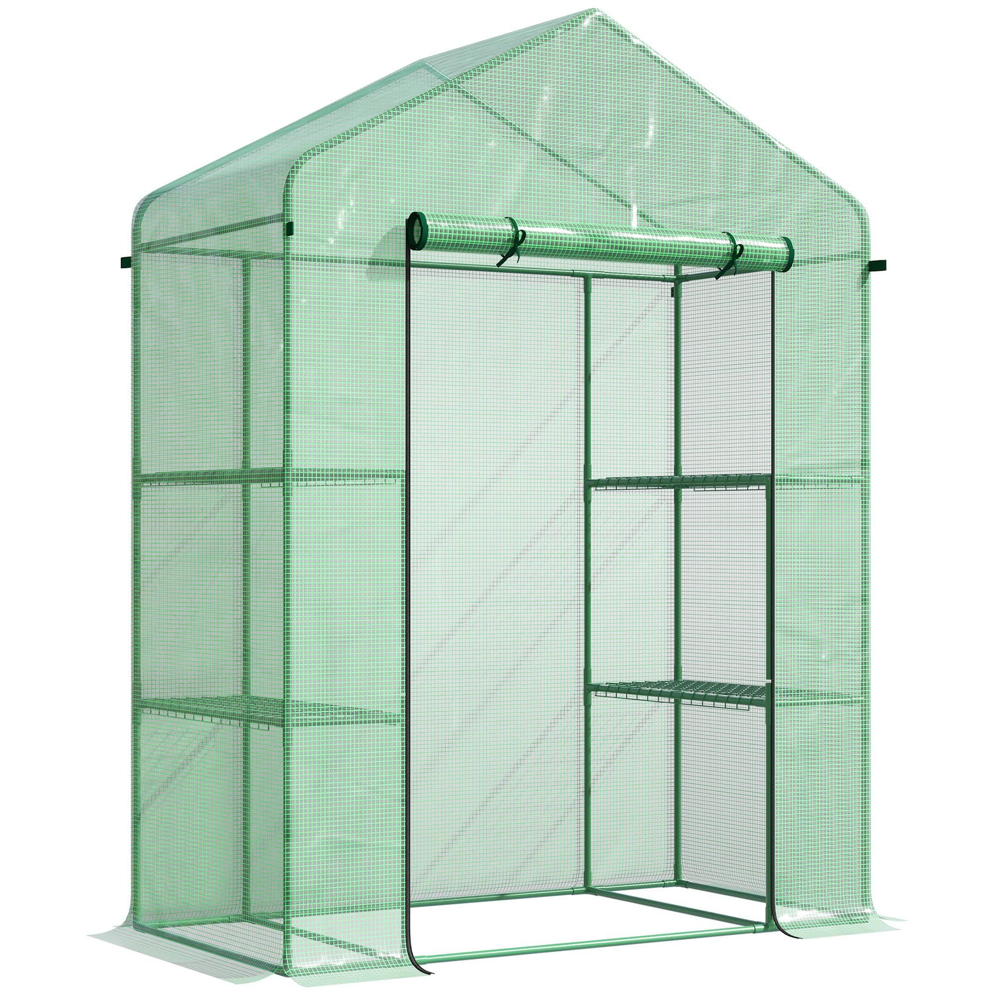 c17240e6e8cd47a73aeca541d949ff35ad79ed27bb5060f6d5a168a4c8bcdda8.jpg Outsunny 5' x 2.5' x 6.5' Mini Walk-In Greenhouse Kit, Portable Green House with 3 Tier Shleves, Roll-Up Door, and Weatherized PE Cover for Backyard - Image 1