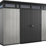 Keter Artisan 11x7 Modern Resin Outdoor Storage Shed Kit-Perfect to Store Patio Furniture. Garden Tools Bike Accessories. Beach Chairs and Lawn Mower. Grey & Black