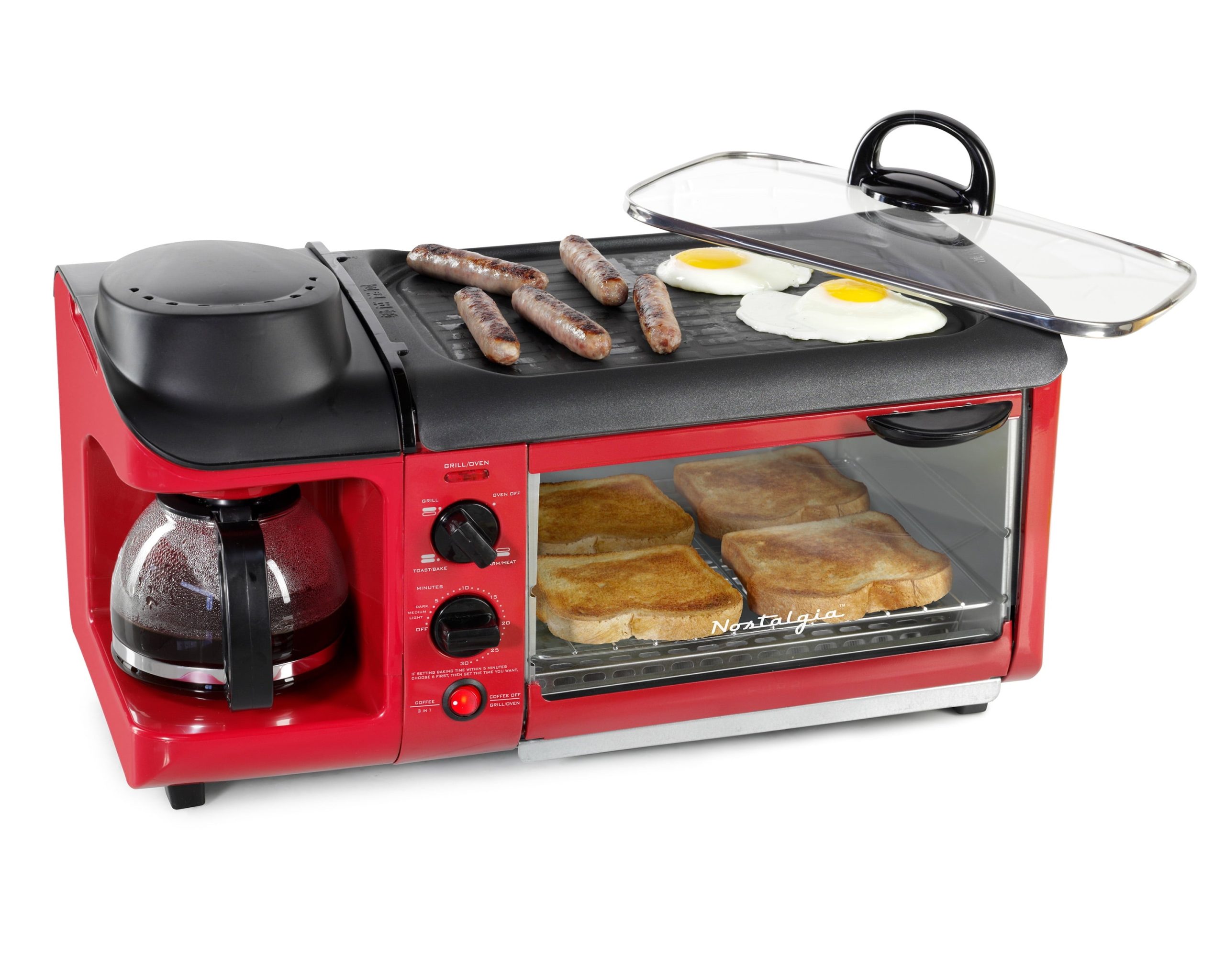 c1deda255a0c80c5d472cb14db9d482282454f467ea34cafdeb407b01250e883.jpg BST3RR Retro 3-in-1 Family Size Electric Breakfast Station. Coffeemaker. Griddle. Toaster Oven - Retro Red - Image 1