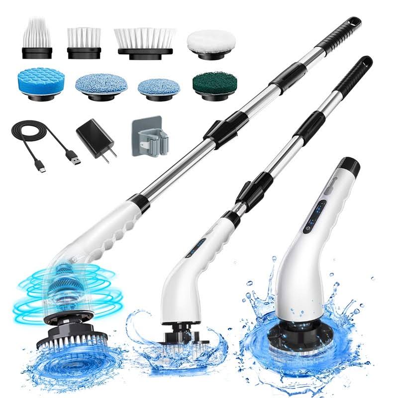 c27582c8dc4f76dd92030b0a0c80344faa13385f39137b4b224496a3043d1422.jpg momk Electric Spin Scrubber, Shower Scrubber Cordless Cleaning Brush with 8 Replaceable Brush Heads and Squeegee,Adjustable Extension Handle 2 Speeds - Image 1