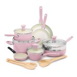 GreenPan Rio Healthy 16-Piece Ceramic Nonstick Cookware Set, PFAS Free, Dishwasher Safe, Pink