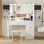 RichYa Modern Vanity Desk Makeup Table with Large LED Mirror and Power Outlet with 2 Sliding Storage White Marble - MadeInUSA