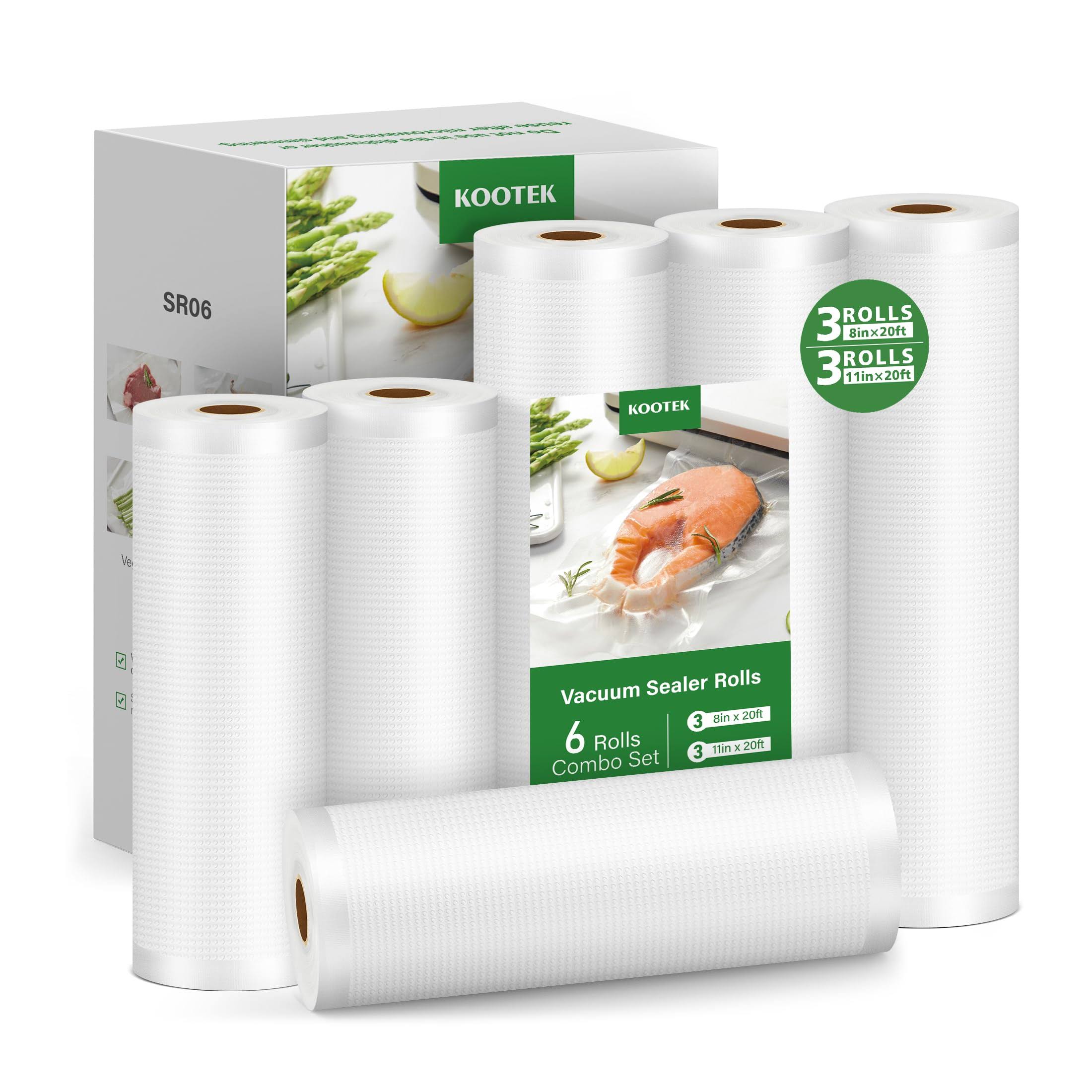 c332228475a8b3d0847430d125c4e8f7ac9975e11ce96f3679f12877bc83eacd.jpg Kootek Vacuum Sealer Bags, 6 Pack 3 Rolls 8"x20' and 3 Rolls 11"x20' (TOTAL 120 Feet), Commercial Grade, BPA Free Food VAC Ba - Image 1