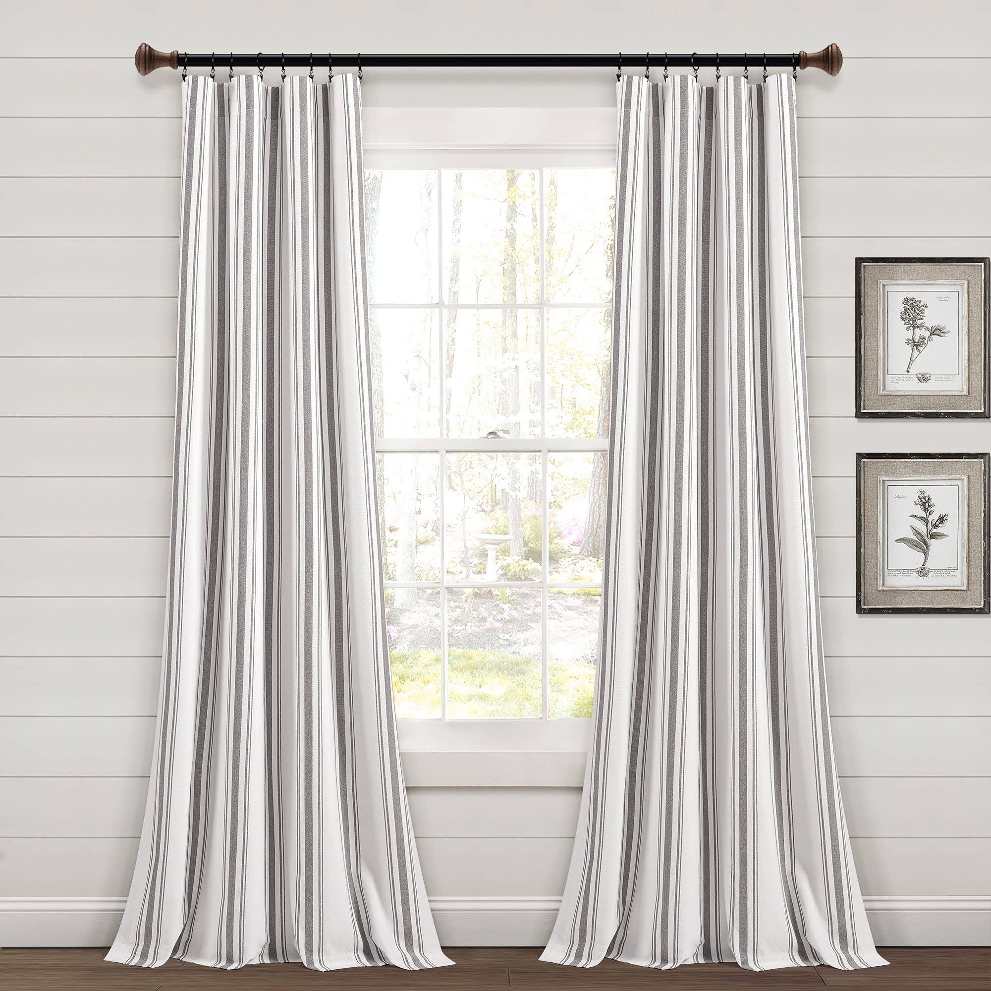 c373f2612e2d61e8457617b475f14705a07bc8c1eff694778ef37c903623a1af.jpg Lush Decor Farmhouse Stripe Yarn Dyed Cotton Window Curtain Panel Pair - 84" x 42" - Gray - Image 1