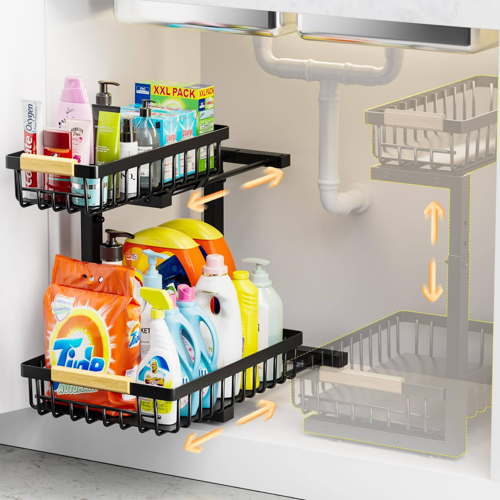 c395c3016e10d51298fd0c31516b70e4d36480ec3a5bf91c09741b4b3a1330e9.jpg OPPKOUT Under Sink Organizer, Pull Out Cabinet Organizer 2-Tier Slide Out Sliding Shelf Under Cabinet Storage Multi-Use, Multi-Use Under Kitchen - Image 1