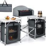 Camping Kitchen Table with Storage. Aluminum Portable Outdoor Cooking Table with Windscreen. Foldable Camp Table Cook Station for BBQ. Grill. Party. Picnics