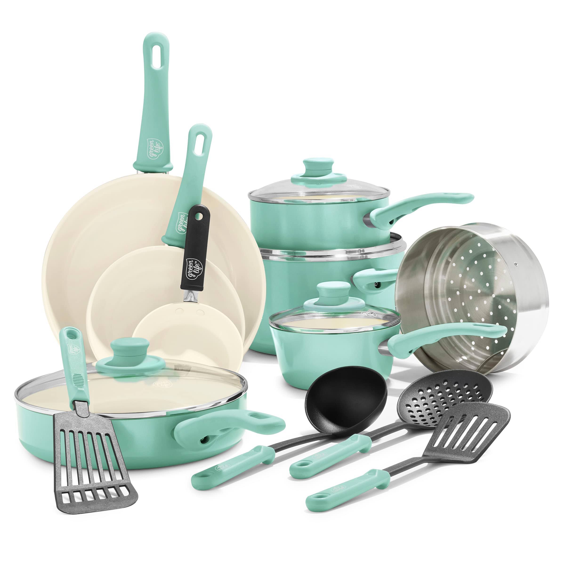 c3ae60b06431f4d1fd631566dc73b3768faf3289443d1af634b31a0004ea3638.jpg GreenLife Soft Grip 16 Piece Ceramic Non-Stick Cookware Set Turquoise - Image 1
