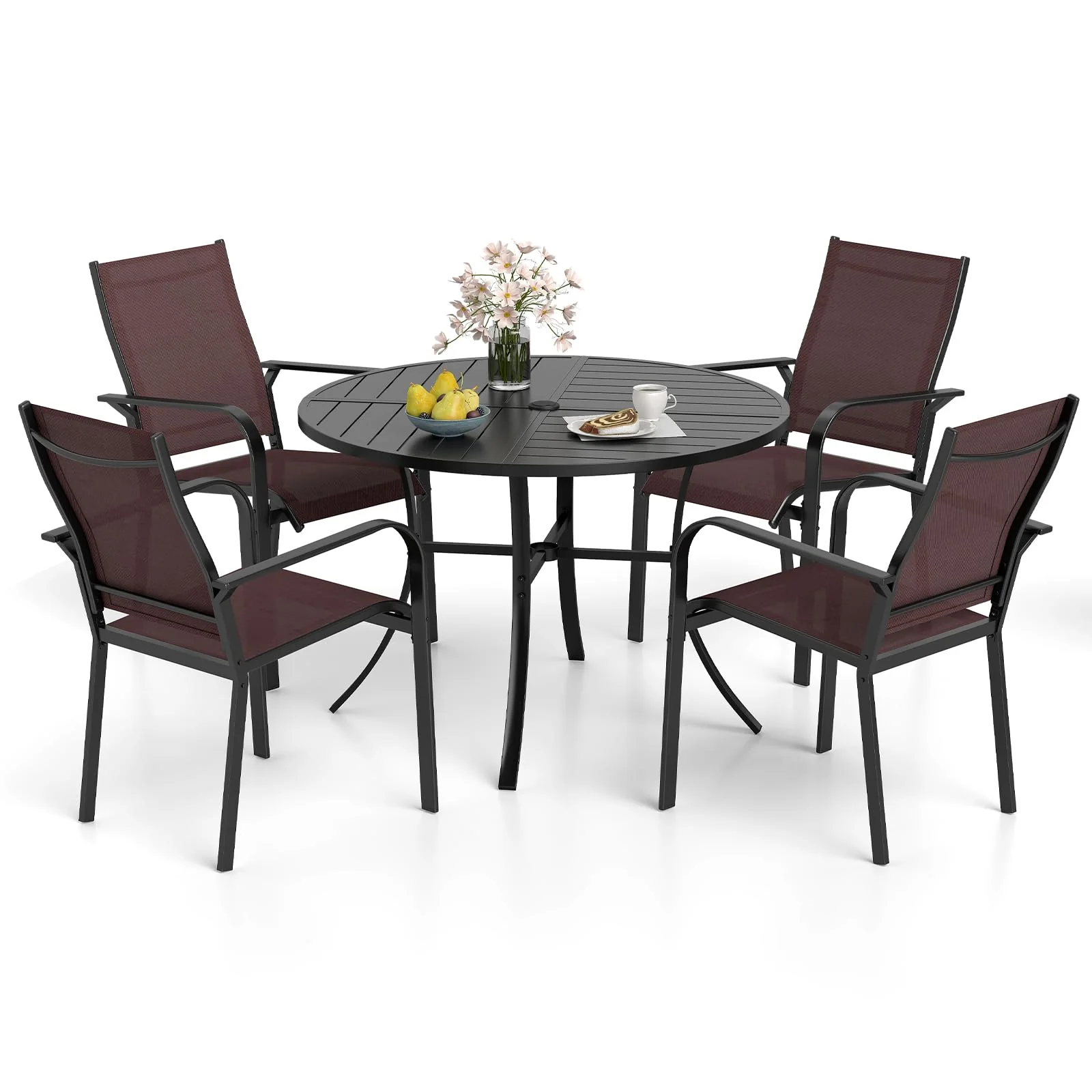 c3cc6840a7b290d5e296e7786971f2572e023fbc6b29f1ed4310647051e2b42f.webp Tangkula 5 Pieces Patio Dining Set Outdoor Round Table and Stackable Chairs with Umbrella Hole - Image 1