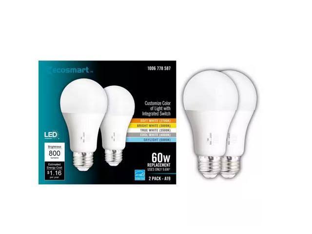 c3f323a3fc701abc9e8c74a0c1b8bb3944c3c0c112b4c45465baa1e2efd1189e.jpg Ecosmart 60-Watt Equivalent A19 Dimmable CEC LED Light Bulb with Selectable Color Temperature (2-Pack) - Image 1