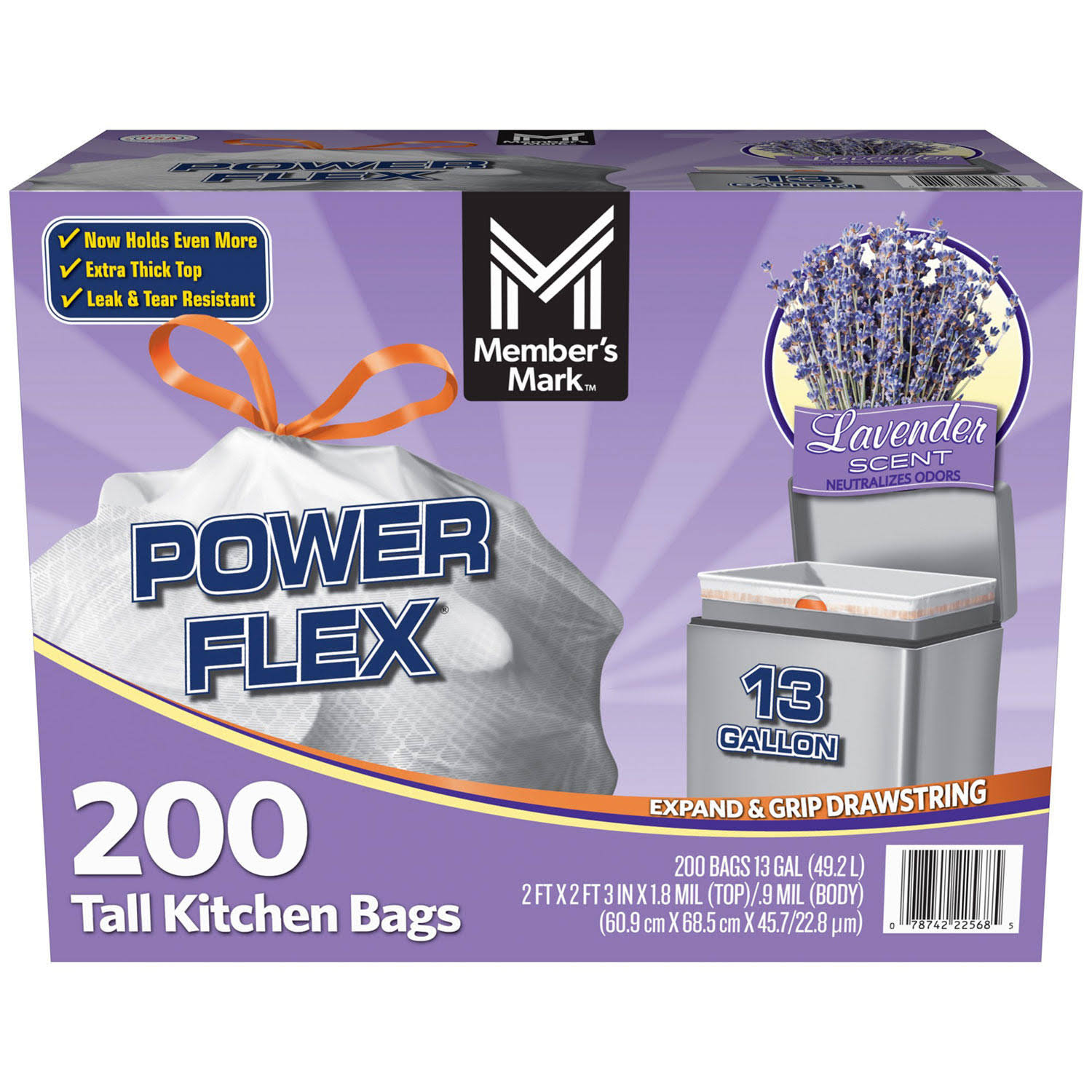 c4248706e8232045392df218432529db446fc02e689bb7025b9f829def6e40b1.jpg Member's Mark Power Flex Tall Kitchen Drawstring Bags (13 Gallon, 200 Count) Lavender Scent - Image 1