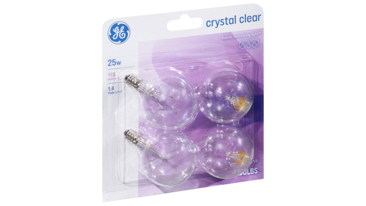 c43de59648d29c5e2f0b93f14d0b410af7785618f6b5499ddbab0a55f58088c0.jpg GE Crystal Clear Globe Candelabra Base Incandescent Light Bulb, 25W - 4 pack - Image 1