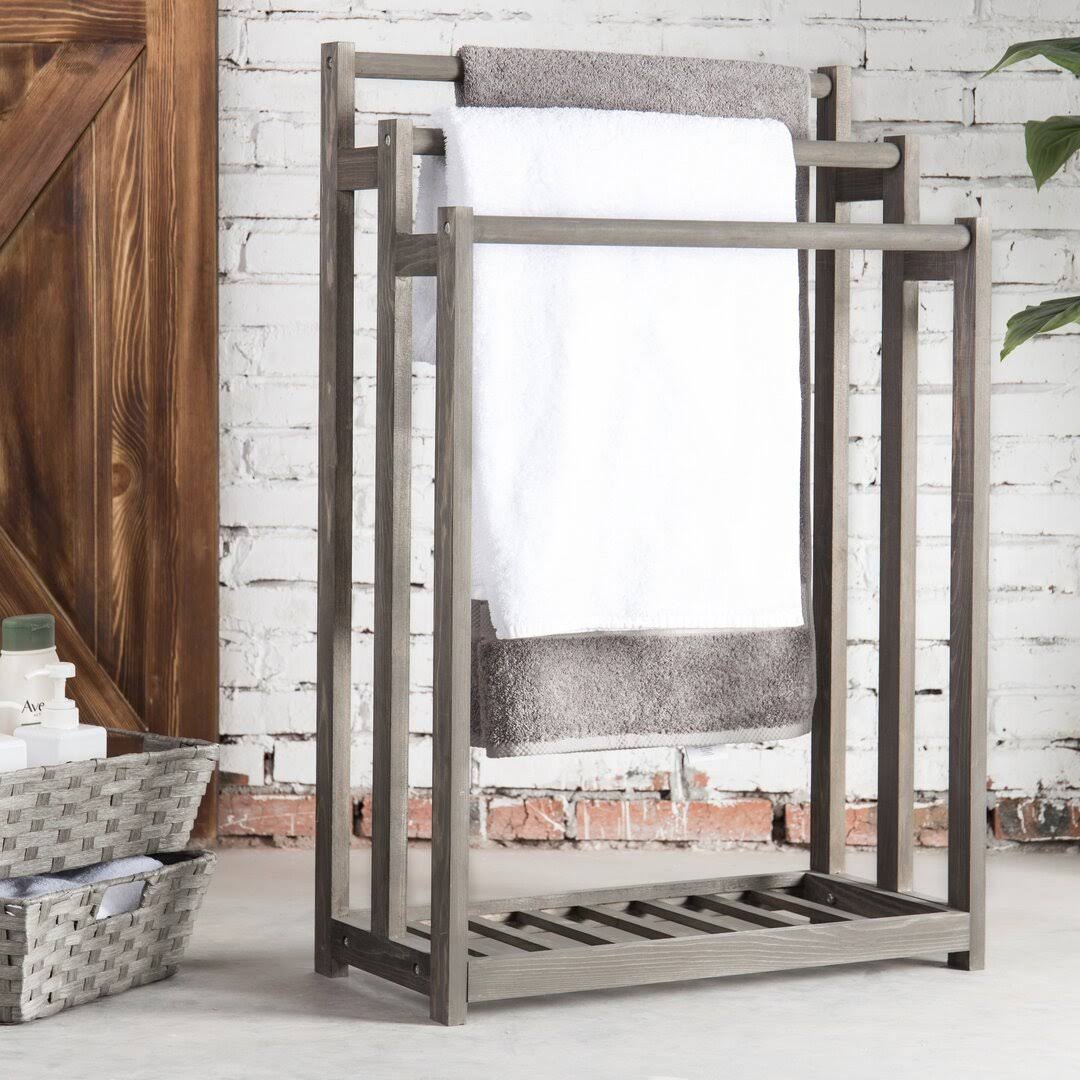 c44d01b2ae3d6942334da633b08aba40c9d74e4773c861e869f6b7c0bf4a389f.jpg MyGift 3-Bar Wood Gray Towel and Quilt Rack Stand for Kitchen and Bathroom with Bottom Shelf - Image 1