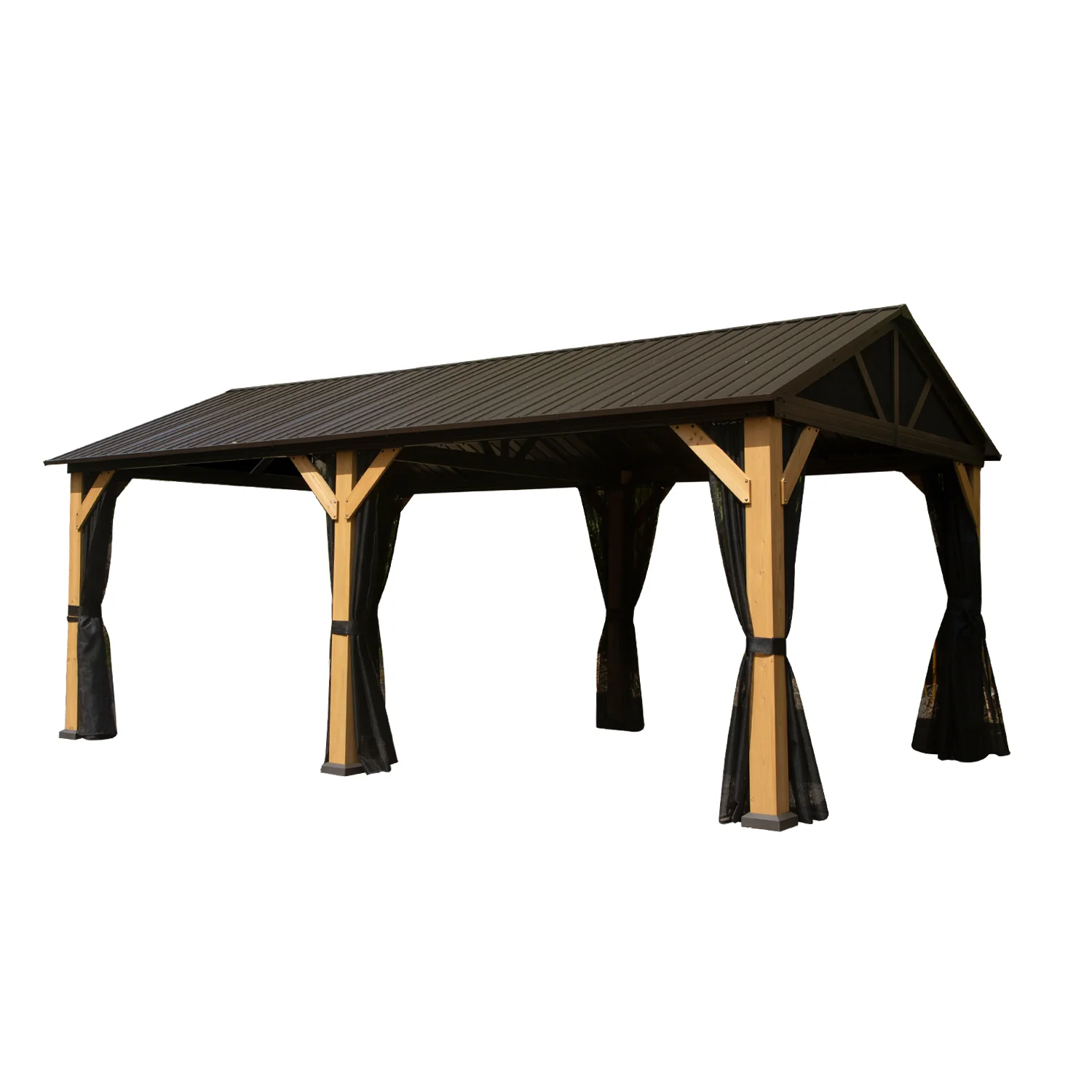 c482baae2091ec11009061585ac85da3679219f82eac3ee97475d8d07a4f6f8d.webp AECOJOY 12'x20' Wood Gazebo, Cedar Frame Hardtop Gazebo with Galvanized Steel Roof, Netting & Curtains - Image 1