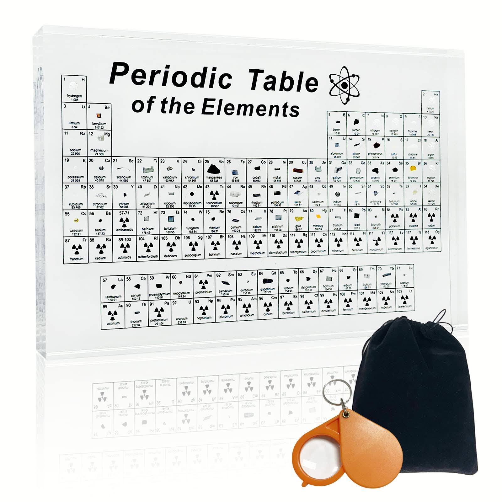 c4e39fd0f23814fcf7c2fd8c8e588fc8f31c8121f410edc4fef4e86a714a4a25.jpg BEWITU Periodic Table with Real Elements Inside, Acrylic Periodic Table with Flannel Bag, Large Periodic Table of Elements, Chemistry Gifts for Kids - Image 1