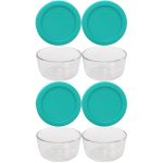 Pyrex (4) 7202 Round Glass Food Storage Bowls & (4) 7202-PC Turquoise Lids