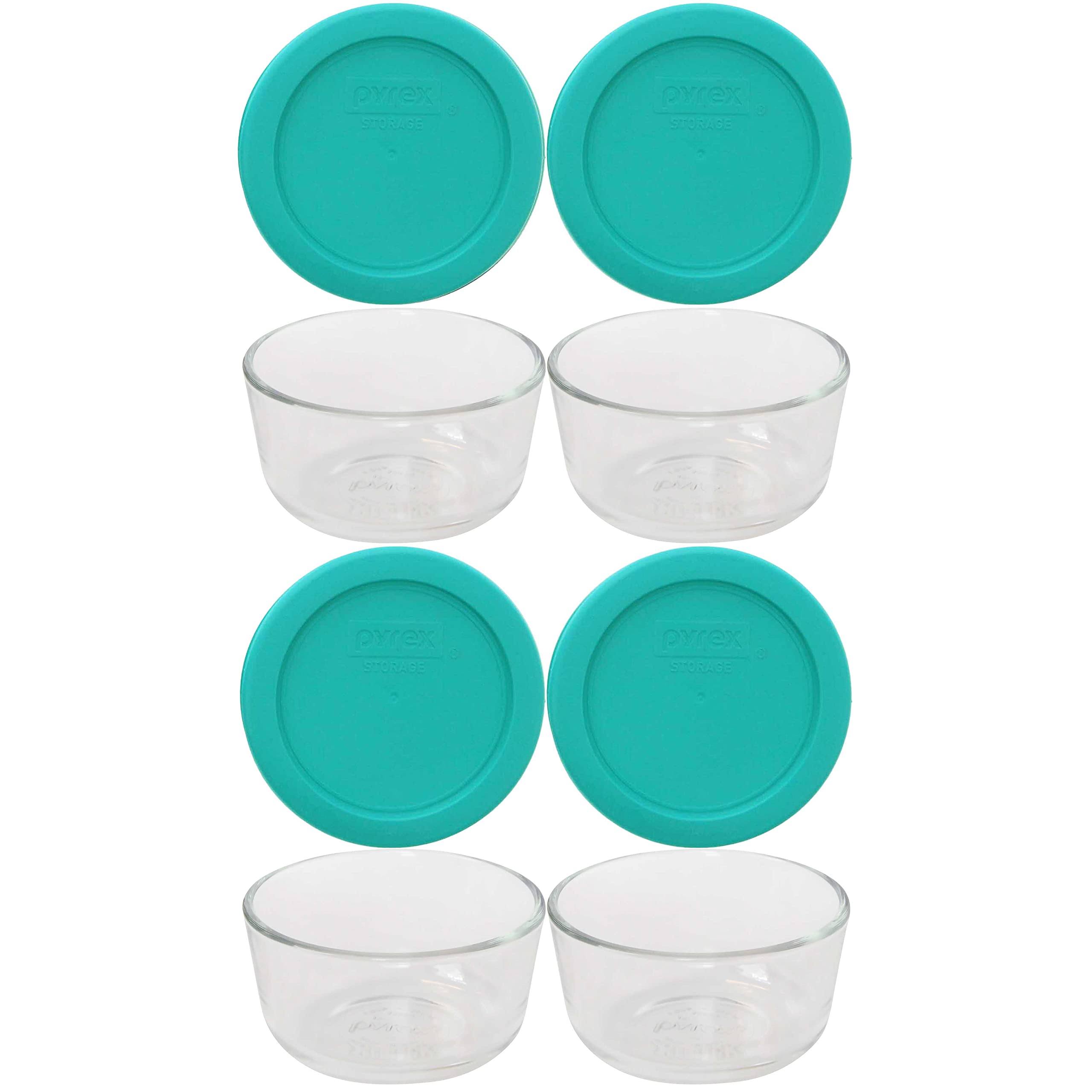c4fce610032be058bd7cb160c231896654bc222ca7b10bdab6af2a7e0c69ac2c.jpg Pyrex (4) 7202 Round Glass Food Storage Bowls & (4) 7202-PC Turquoise Lids - Image 1