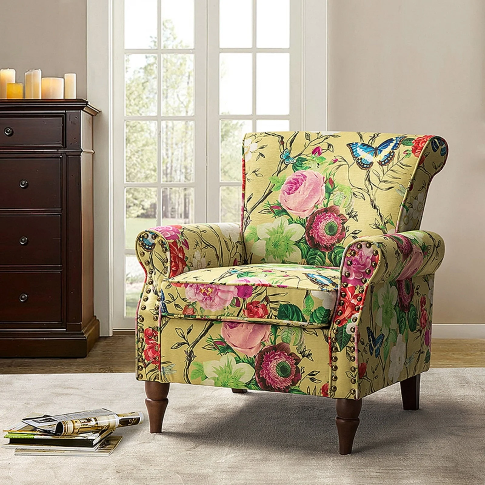 c57baf8595bdc89e7937d8a7199081b5ef9a9489744dc07db95f91b5ce6aa50d.webp 14 Karat Home Wingback Accent Chair Removable Cushion Floral Upholstered Sofa Armchair Couch Wood Legs Nailhead Trim Mustard - Image 1