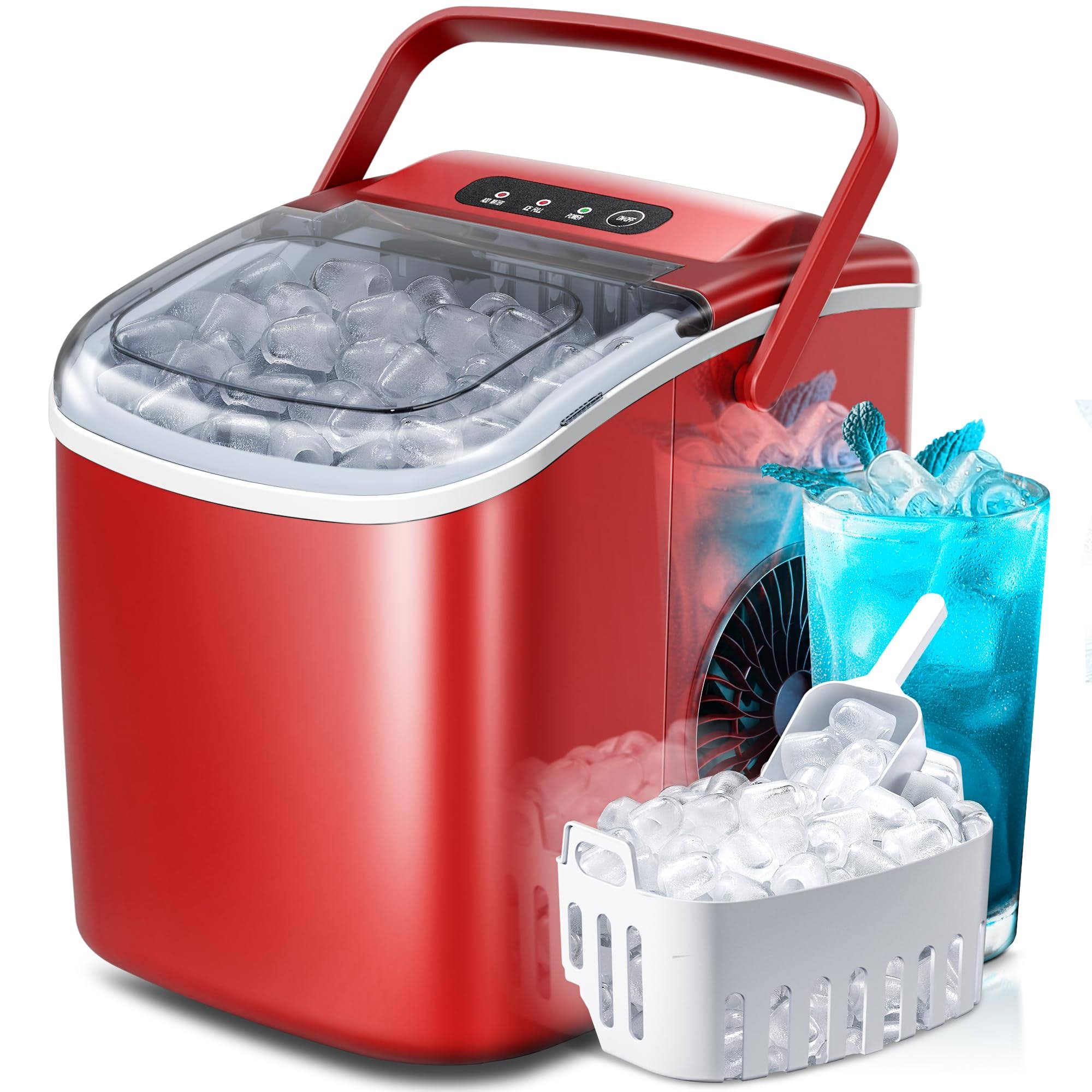 c5af0cd07e43200fd5eac5261cd986719e0fe8ccfe222d9d0ceaa5f779b40f0b.jpg Countertop Portable Ice Maker Machine with Handle, 9 Bullet-Shaped Ice Cubes Ready in 6 Mins, 26Lbs/24H, Self-Cleaning Function with Ice Scoop and - Image 1